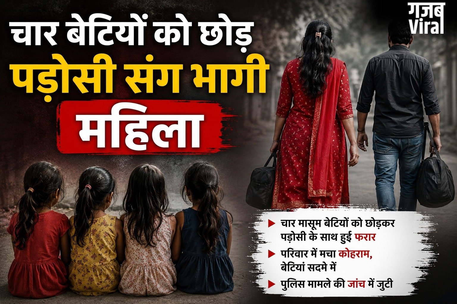 चार बेटियों को छोड़ पड़ोसी संग भागी महिला, पति ने लाखों रुपये और जेवर ले जाने का लगाया आरोप​