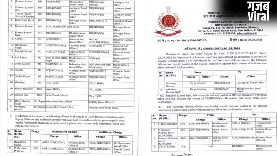 Delhi: प्रवर्तन निदेशालय (ED) में बड़ा प्रशासनिक बदलाव, पढ़ें पूरी लिस्ट…